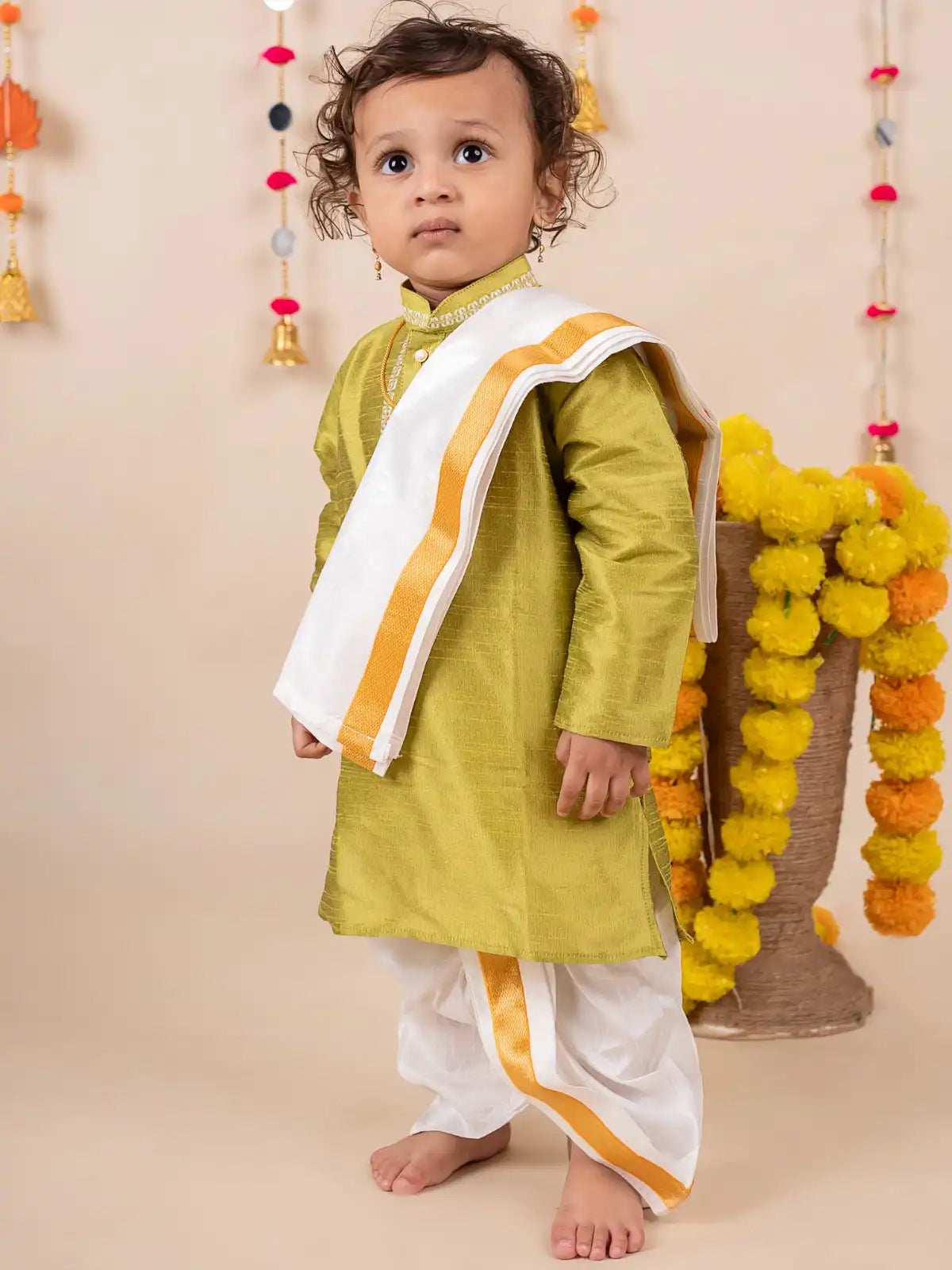 Buy Boys Pattu Silk Kurta, Pajama & Dhoti Set with Collar embroidery - Green Online in India at uyyaala.com