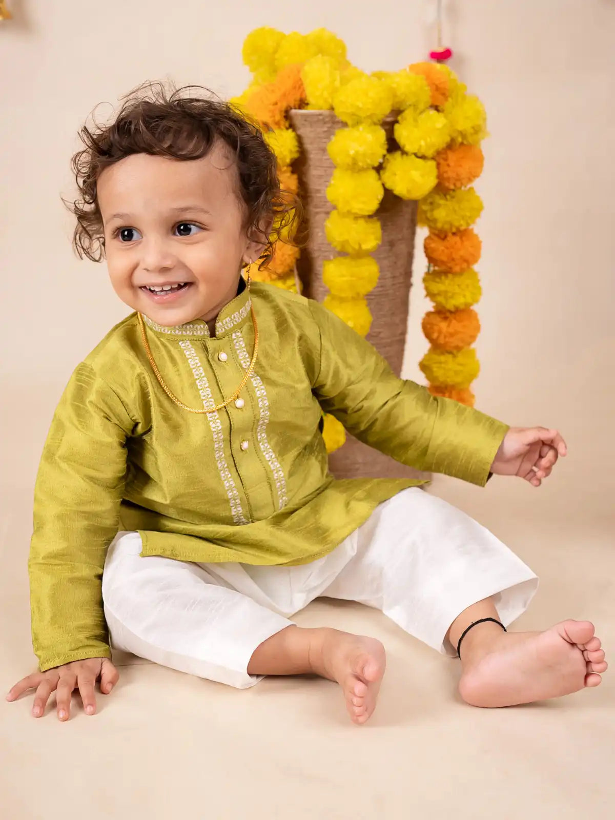 Buy Boys Pattu Silk Kurta, Pajama & Dhoti Set with Collar embroidery - Green Online in India at uyyaala.com