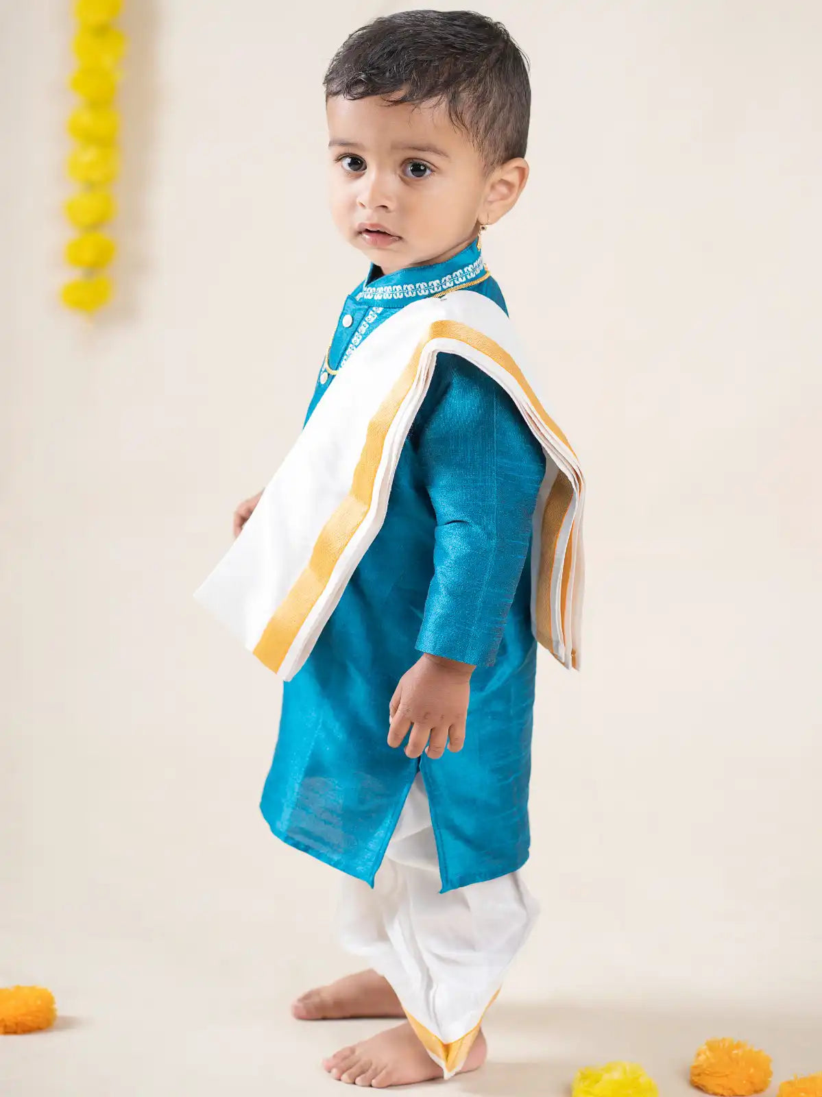 Buy Boys Pattu Silk Kurta, Pajama & Dhoti Set with Collar embroidery - Blue Online in India at uyyaala.com