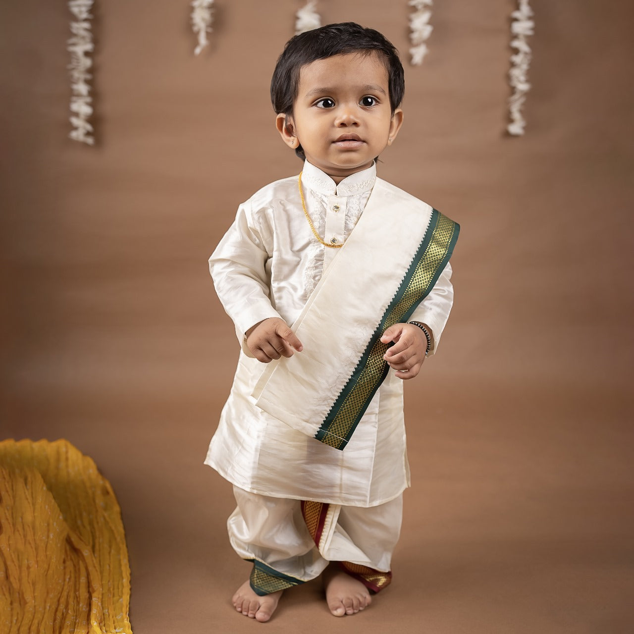 Buy Boys Pattu Silk Kurta, Pajama & Dhoti Set with Collar embroidery - White Online in India at uyyaala.com