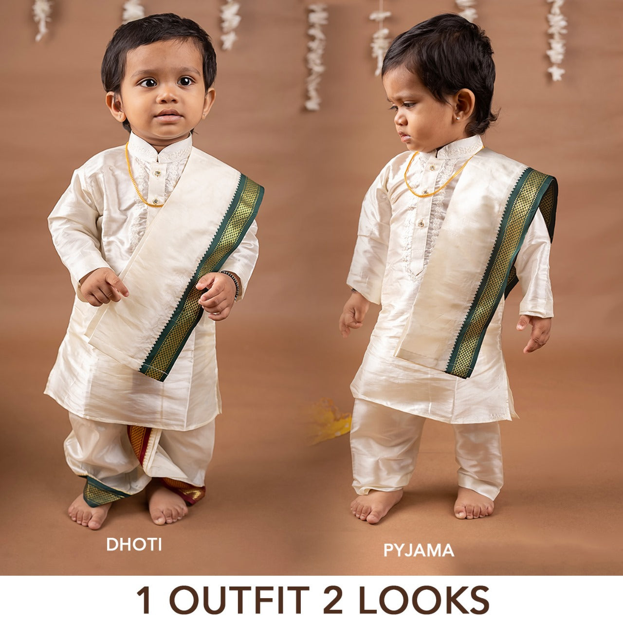 Buy Boys Pattu Silk Kurta, Pajama & Dhoti Set with Collar embroidery - White Online in India at uyyaala.com