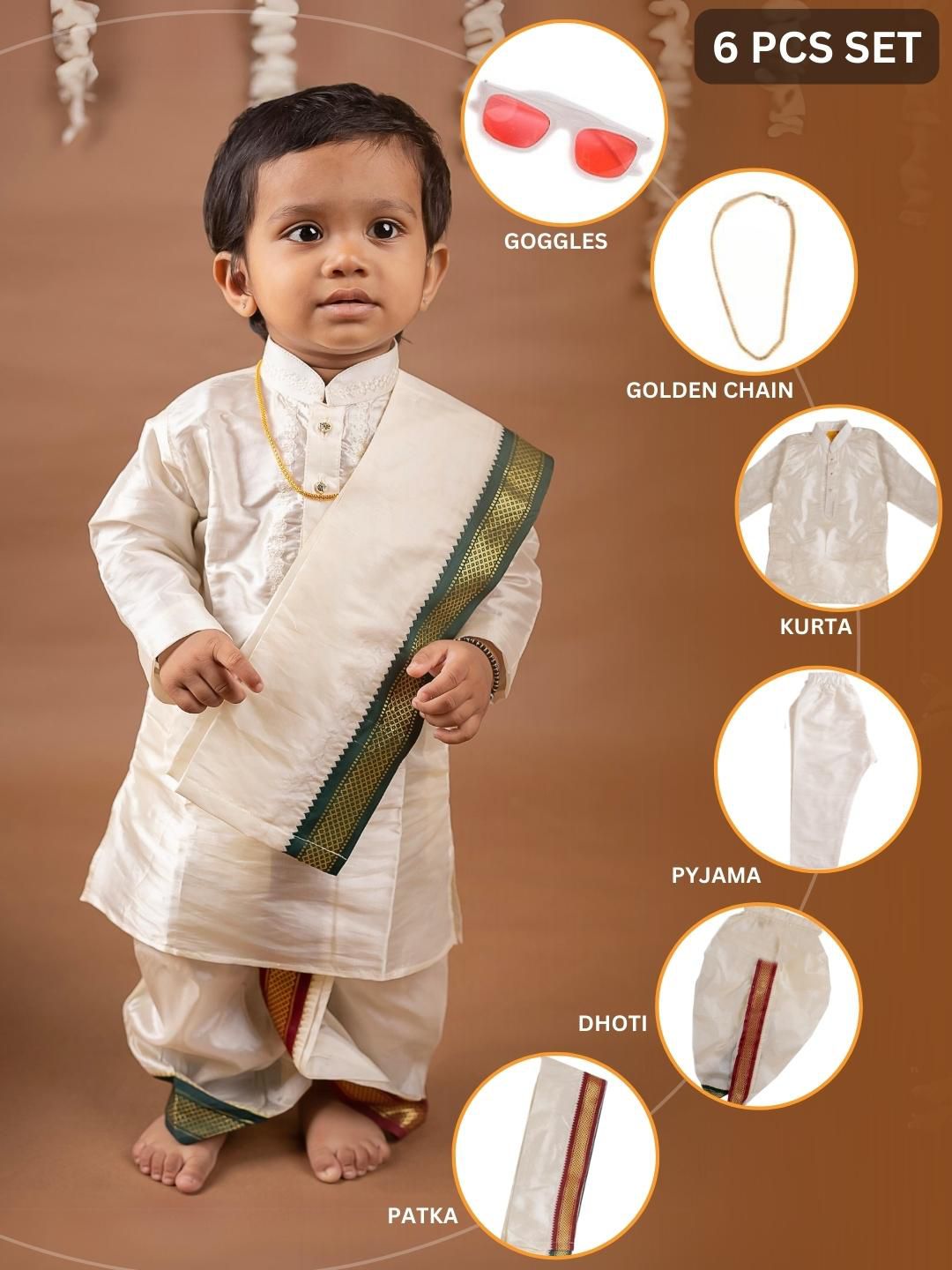 Buy Boys Pattu Silk Kurta, Pajama & Dhoti Set with Collar embroidery - White Online in India at uyyaala.com