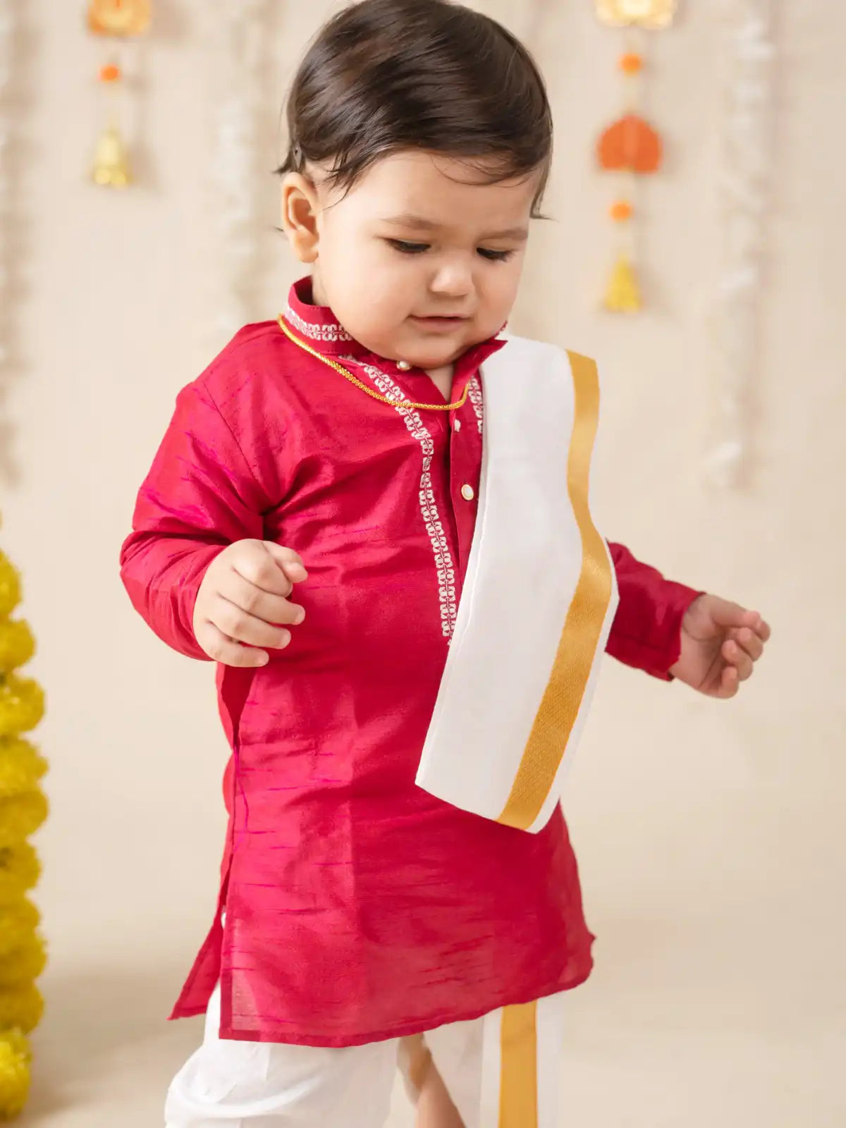 Buy Boys Pattu Silk Kurta, Pajama & Dhoti Set with Collar embroidery - Red Online in India at uyyaala.com