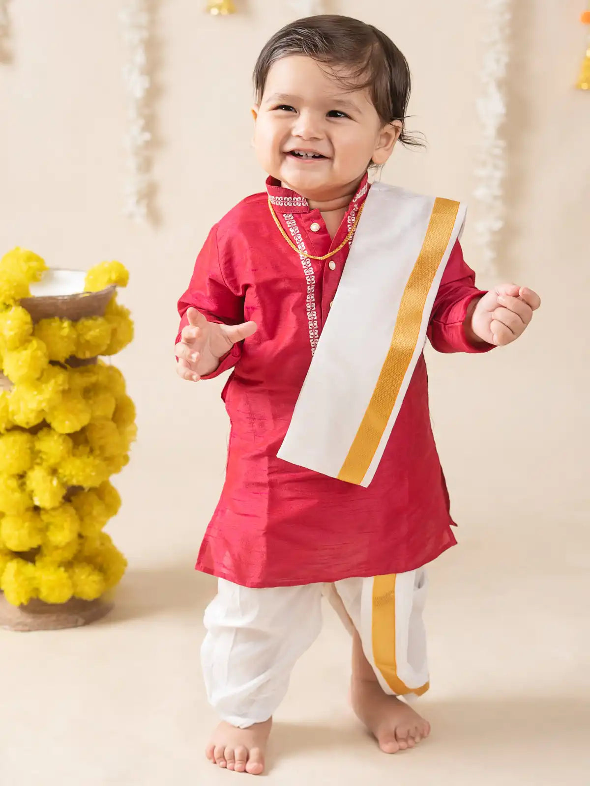 Buy Boys Pattu Silk Kurta, Pajama & Dhoti Set with Collar embroidery - Red Online in India at uyyaala.com