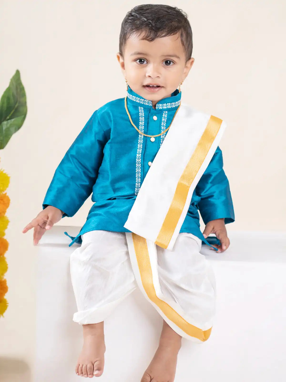 Buy Boys Pattu Silk Kurta, Pajama & Dhoti Set with Collar embroidery - Blue Online in India at uyyaala.com