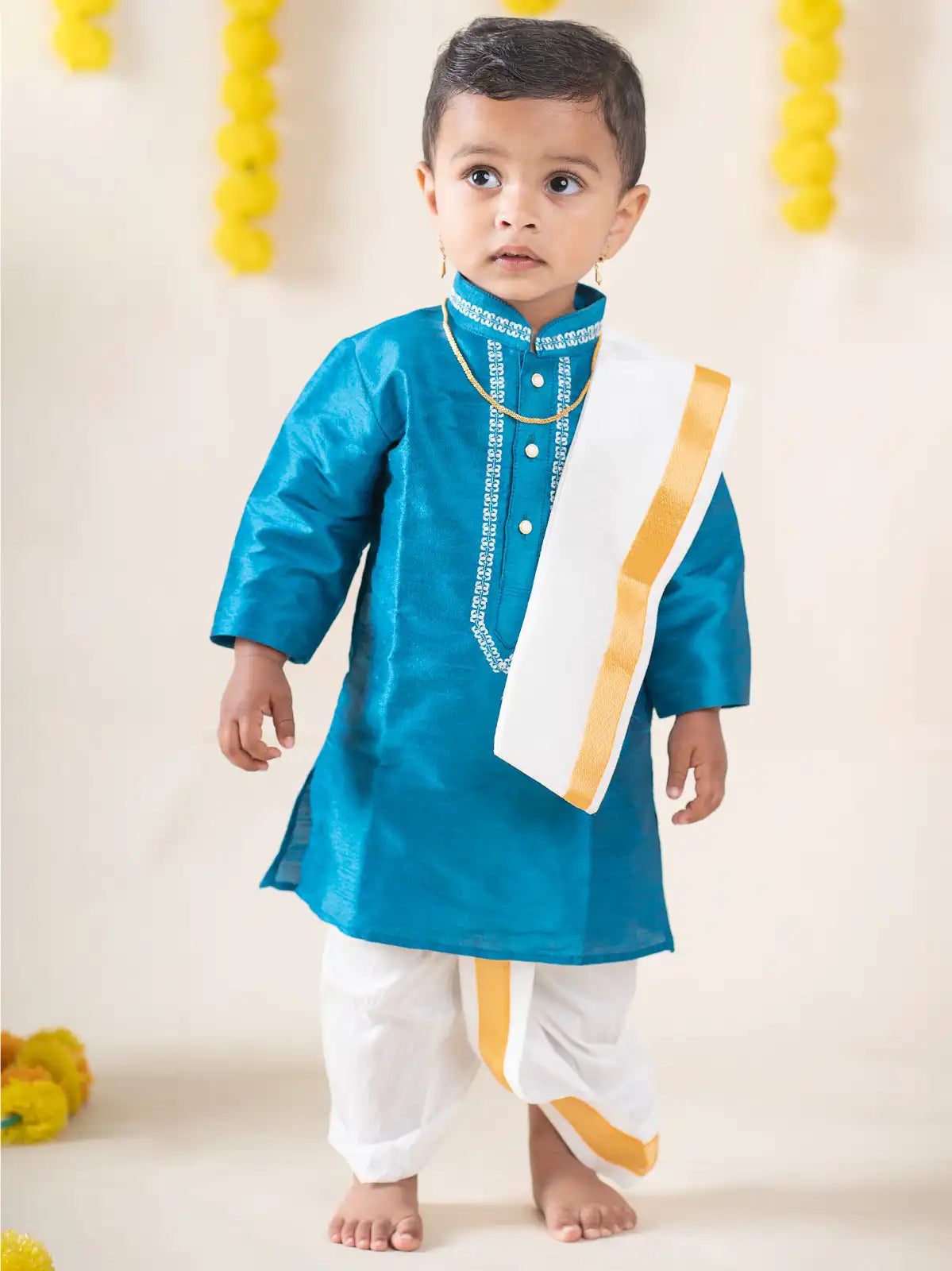 Buy Boys Pattu Silk Kurta, Pajama & Dhoti Set with Collar embroidery - Blue Online in India at uyyaala.com