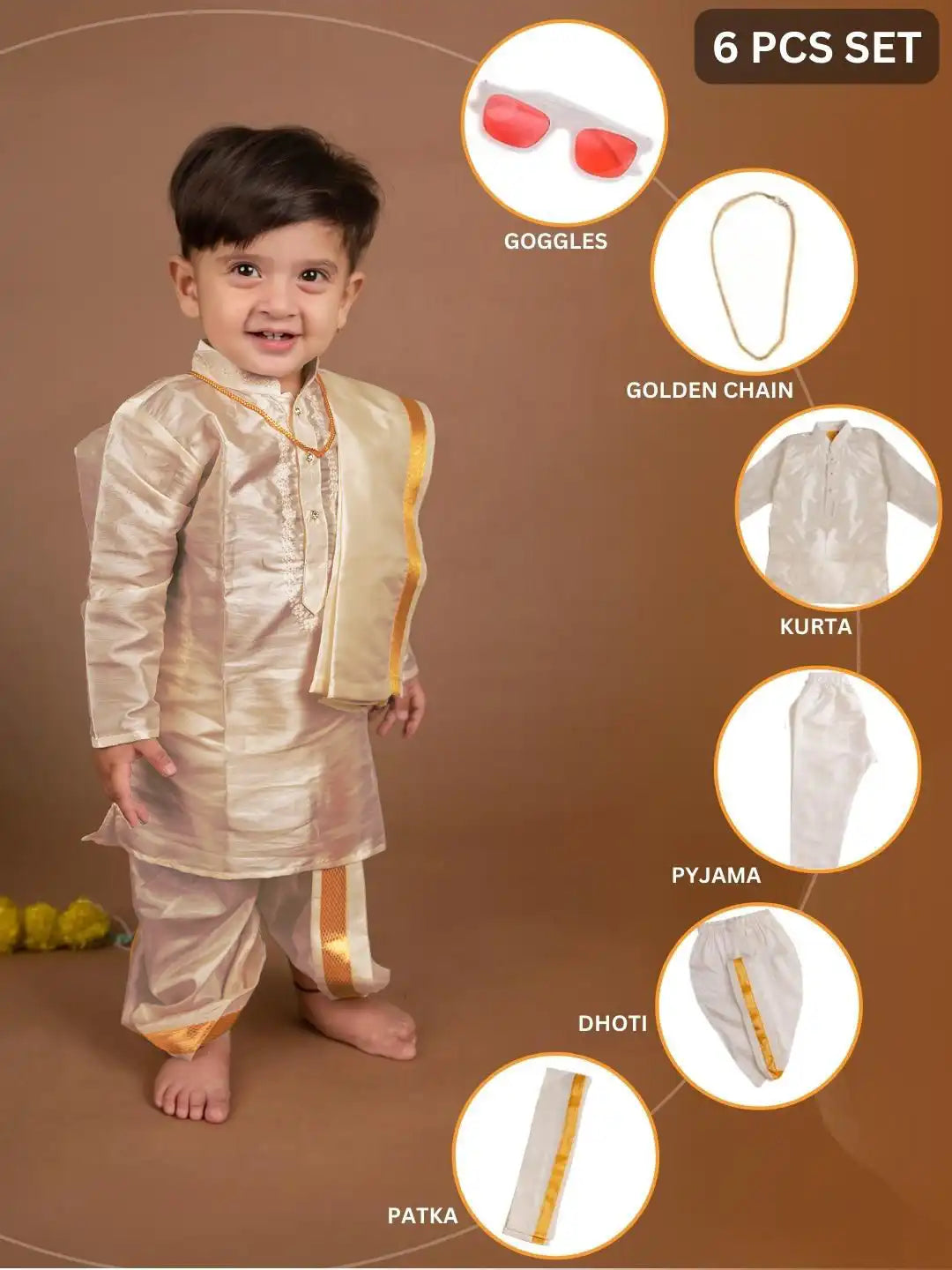 Buy Boys Pattu Silk Kurta, Pajama & Dhoti Set with Collar embroidery - Brown Online in India at uyyaala.com