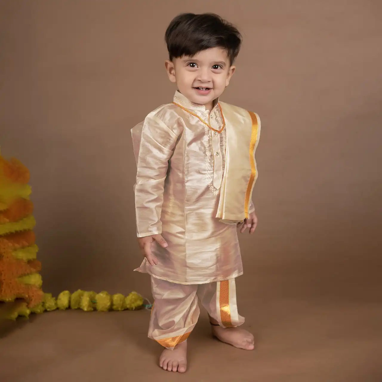 Buy Boys Pattu Silk Kurta, Pajama & Dhoti Set with Collar embroidery - Brown Online in India at uyyaala.com