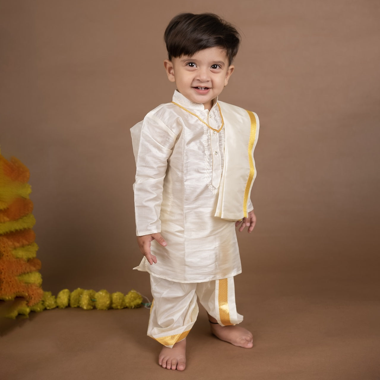 Buy Boys Pattu Silk Kurta, Pajama & Dhoti Set with Collar embroidery - Beige Online in India at uyyaala.com