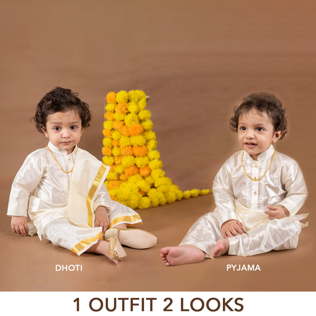 Buy Boys Pattu Silk Kurta, Pajama & Dhoti Set with Collar embroidery - Beige Online in India at uyyaala.com