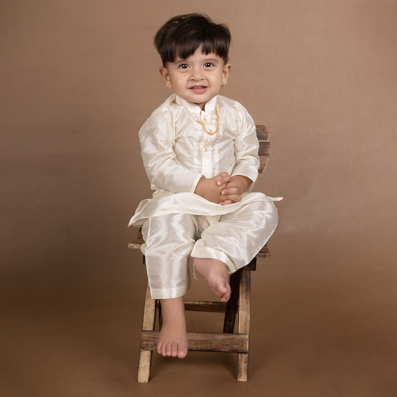 Buy Boys Pattu Silk Kurta, Pajama & Dhoti Set with Collar embroidery - Beige Online in India at uyyaala.com