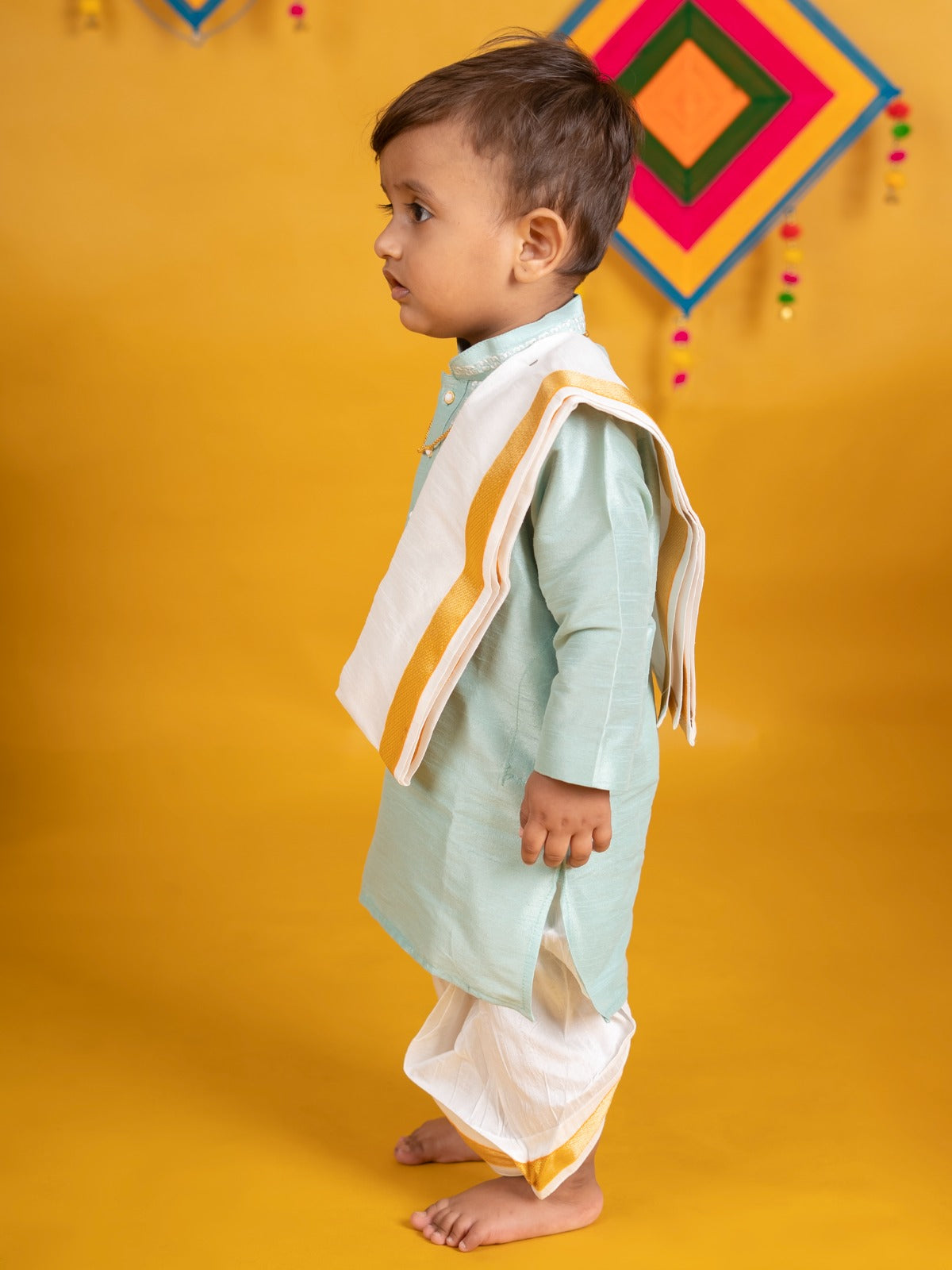 Buy Boys Pattu Silk Kurta, Pajama & Dhoti Set with Collar embroidery - Turquoise Online in India at uyyaala.com