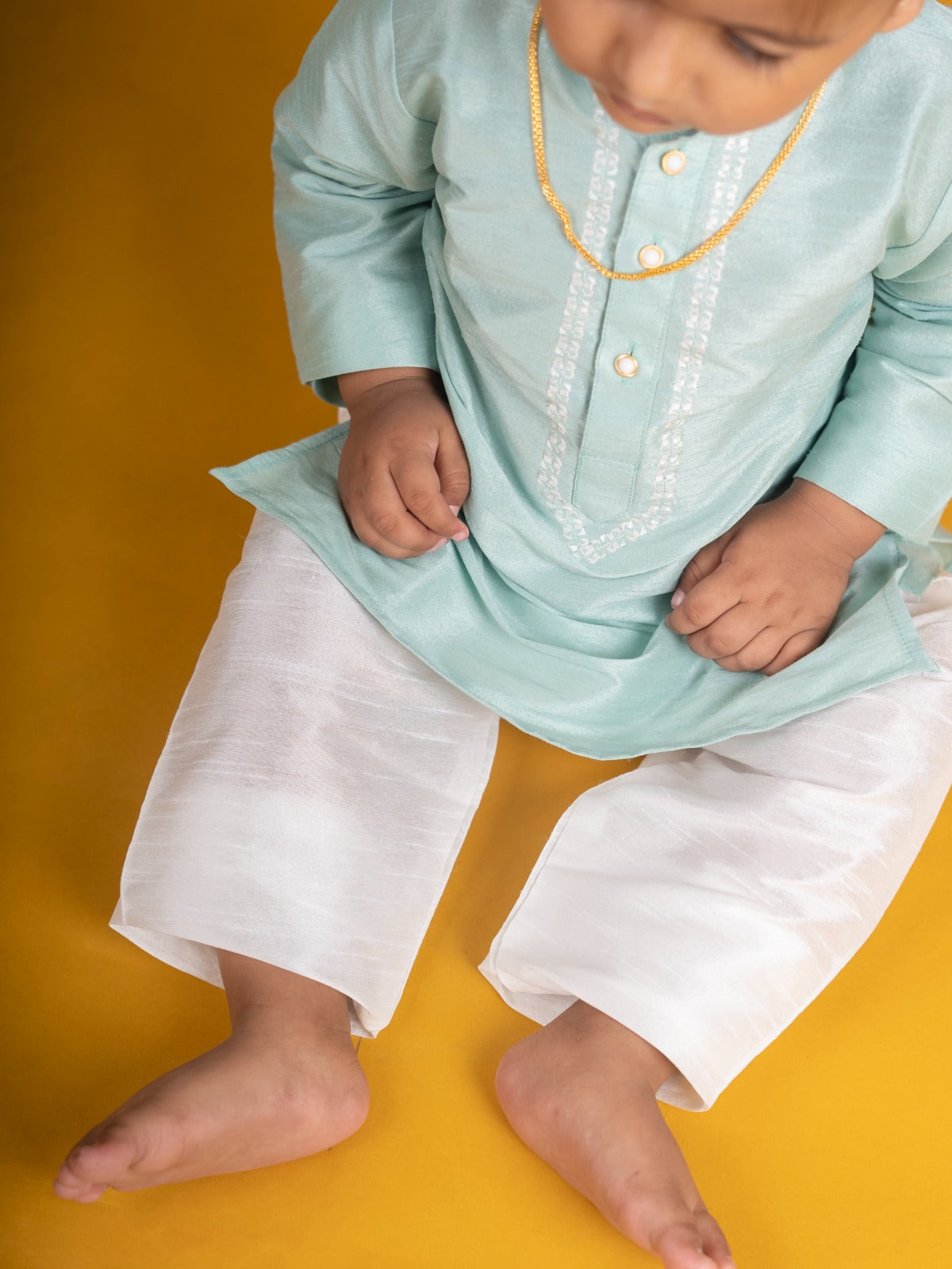 Buy Boys Pattu Silk Kurta, Pajama & Dhoti Set with Collar embroidery - Turquoise Online in India at uyyaala.com