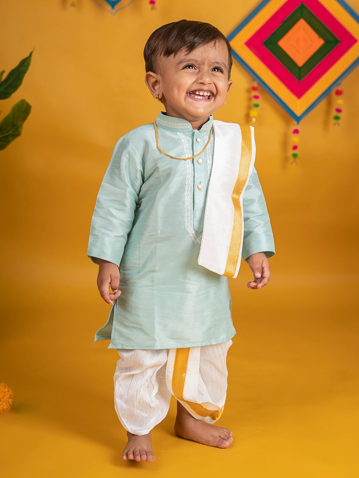 Buy Boys Pattu Silk Kurta, Pajama & Dhoti Set with Collar embroidery - Turquoise Online in India at uyyaala.com