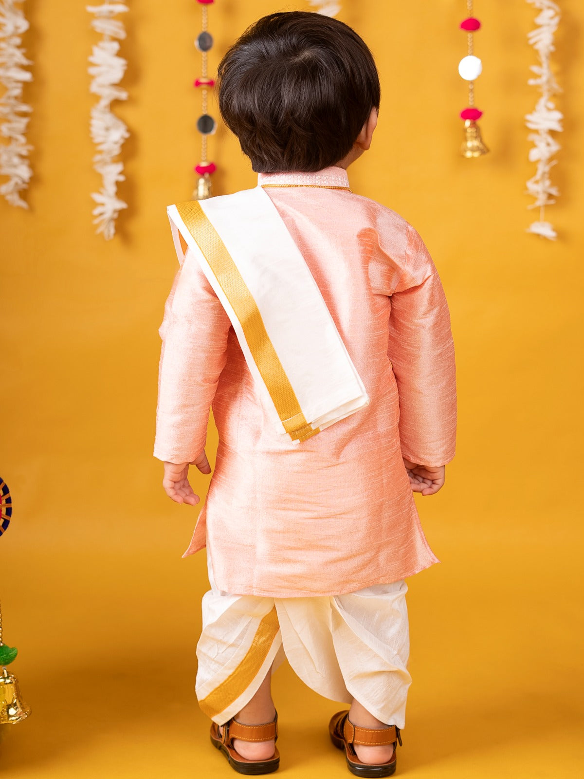 Buy Boys Pattu Silk Kurta, Pajama & Dhoti Set with Collar embroidery - Pink Online in India at uyyaala.com