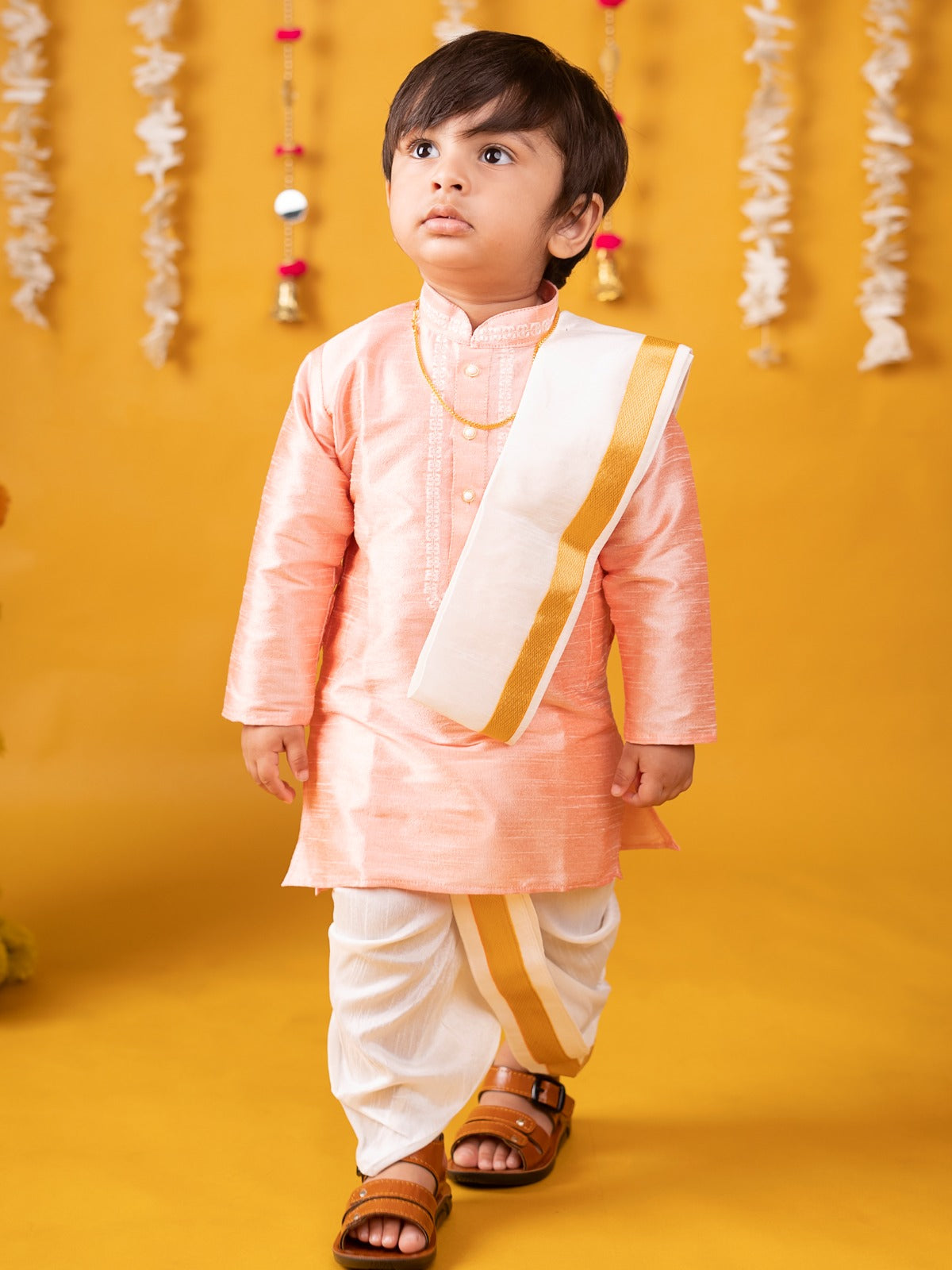 Buy Boys Pattu Silk Kurta, Pajama & Dhoti Set with Collar embroidery - Pink Online in India at uyyaala.com