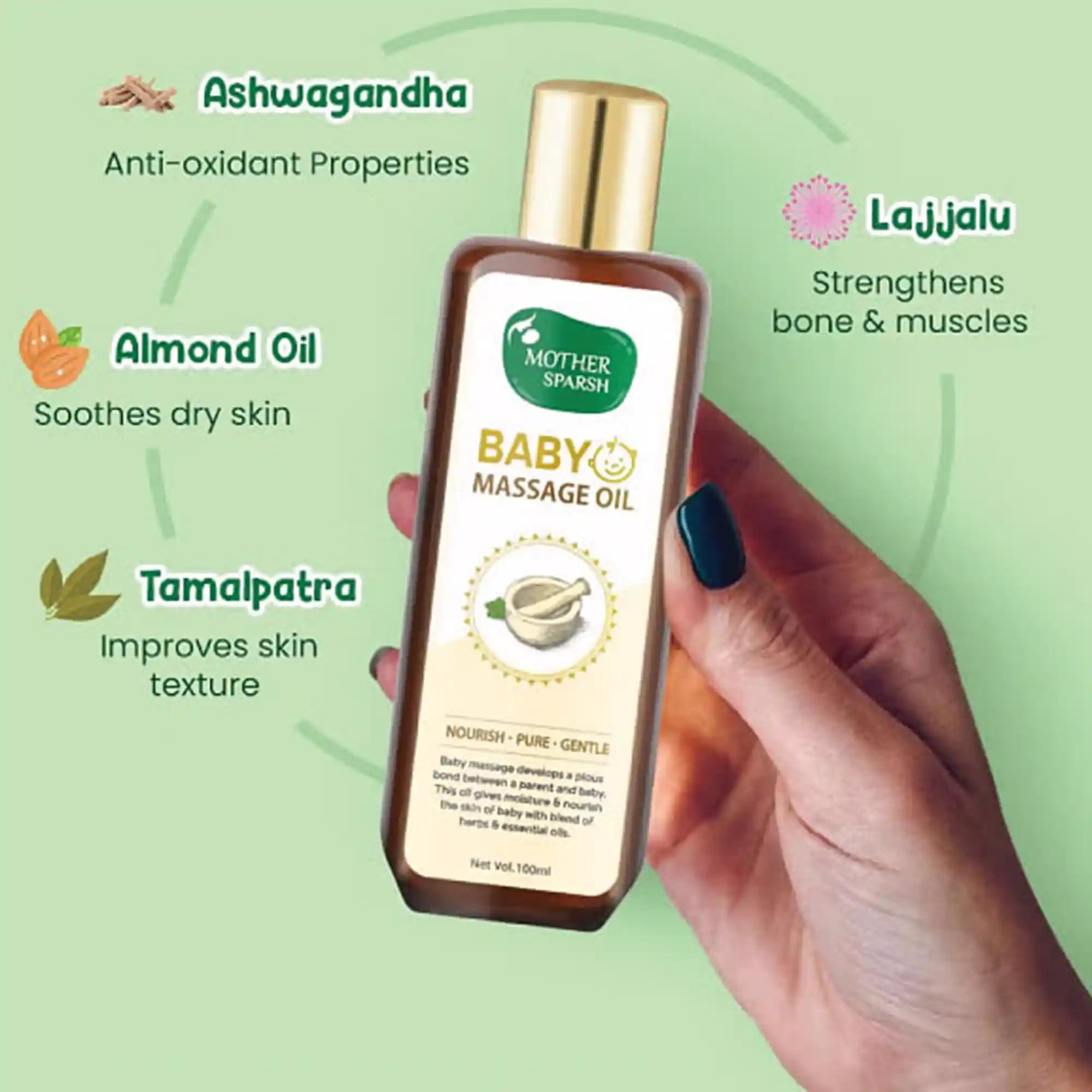 Buy Mother Sparsh Almond based Ayurvedic Baby Massage Oil Online in India at uyyaala.com