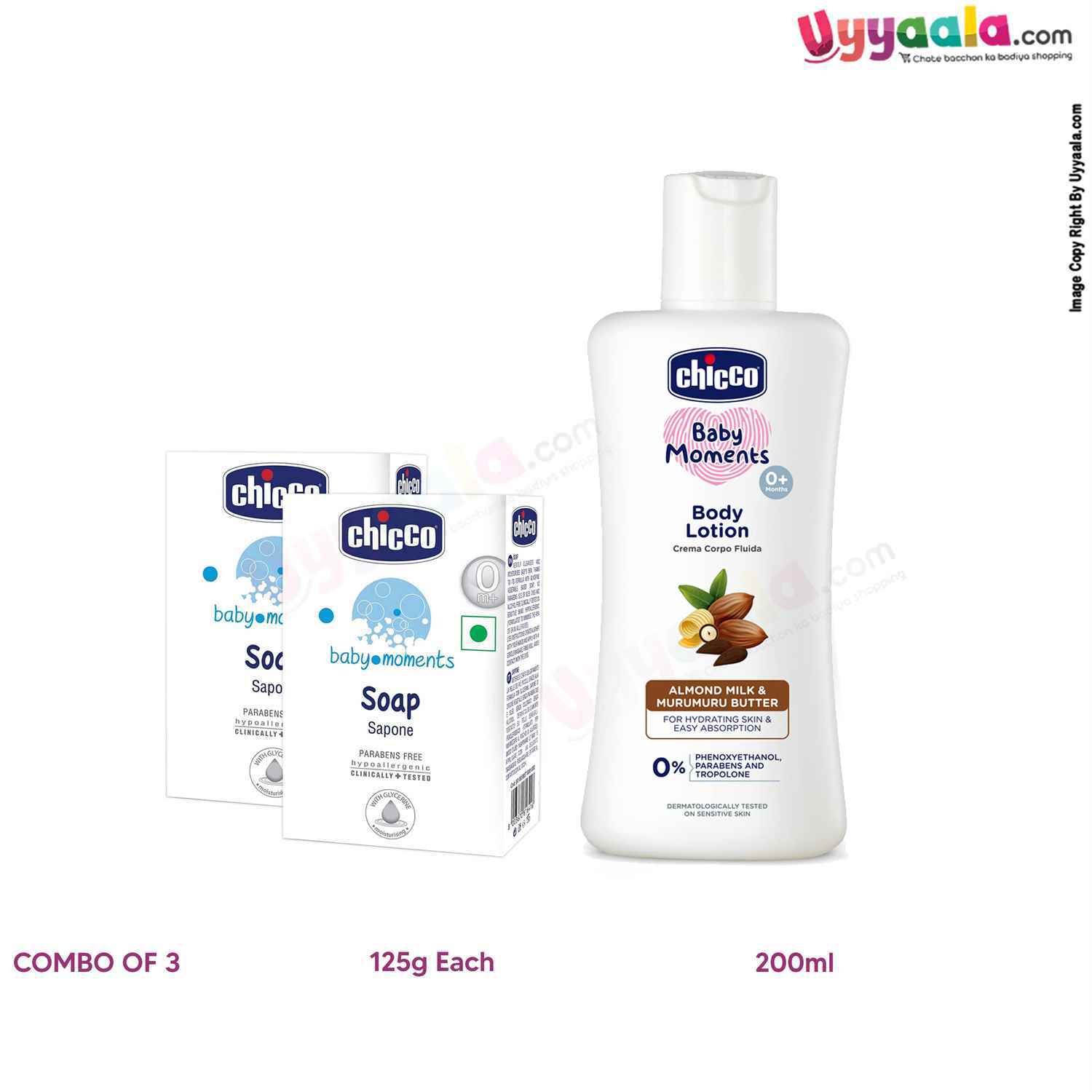 CHICCO Baby moments combo pack(Moisturizing soaps - 2 pcs, 125 g each  & Body lotion - 200 ml)