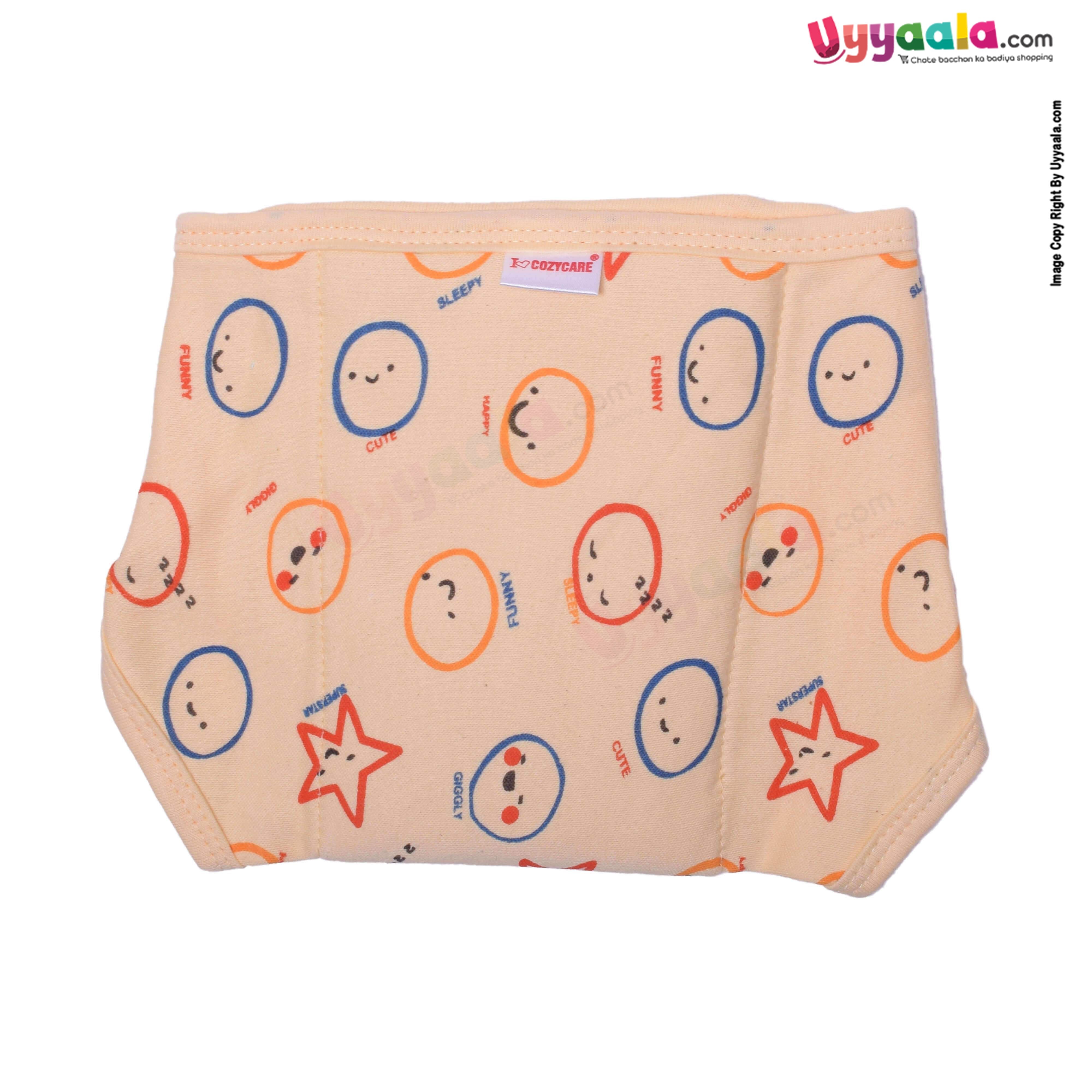 COZYCARE Washable Diapers Hosiery Velcro Emoji Print Pink, Orange & Strawberry Print Yellow 3P Set (M)