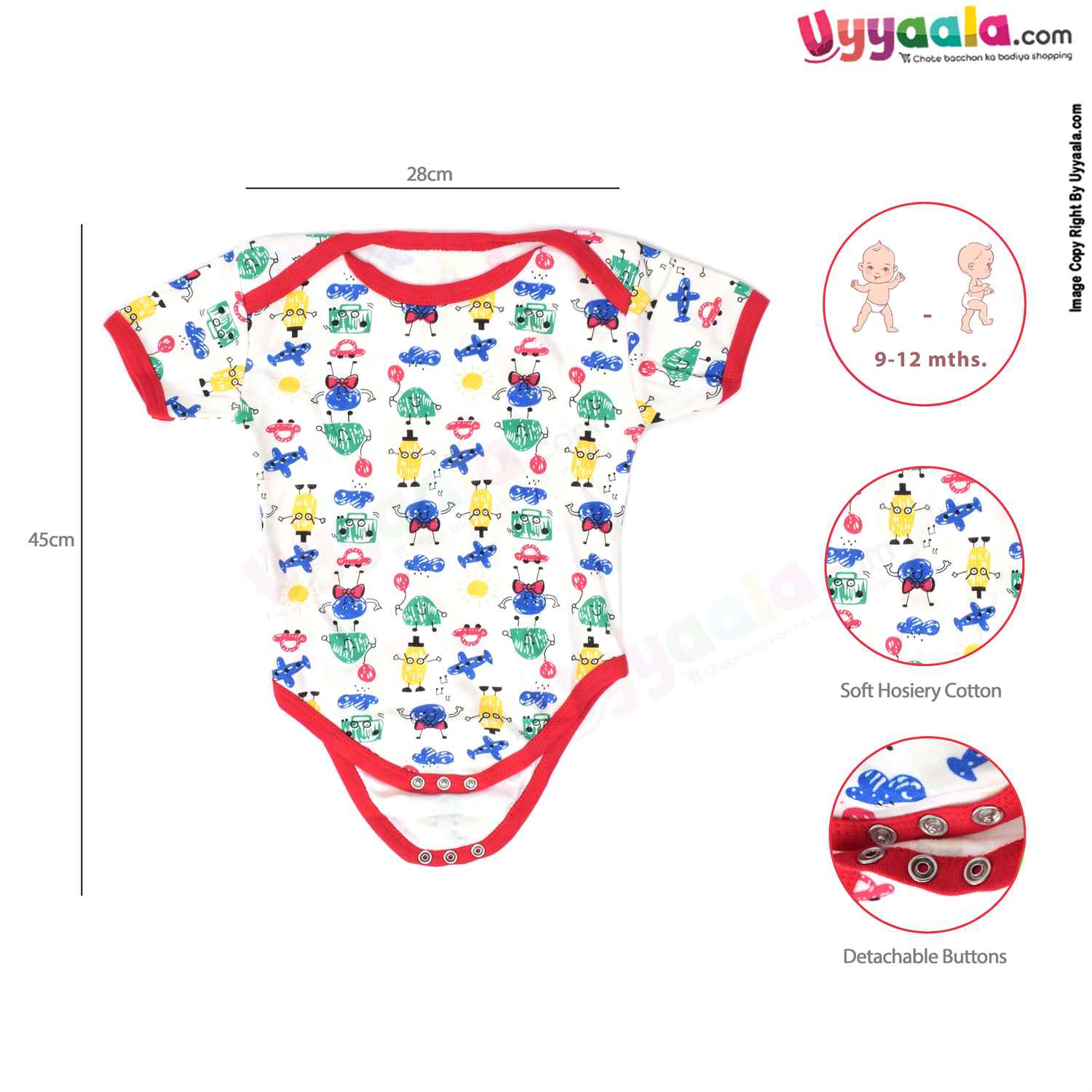 Precious One Short Sleeve Body Suit 100% Soft Hosiery Cotton - Red & White with Assorted Print (9-12M)