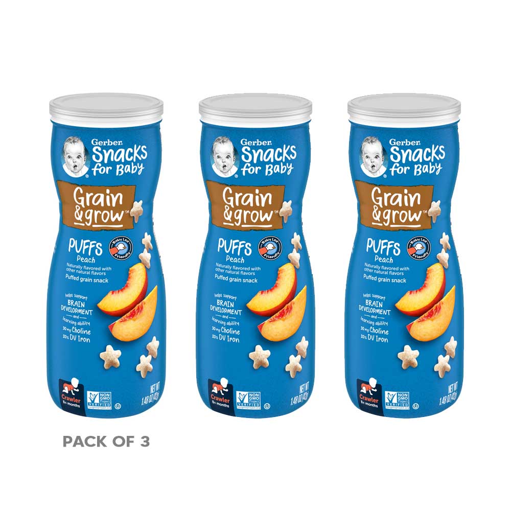 GERBER Puffs - peach, naturally flavored baby snacks- 42g - 8 months +, Pack of 3