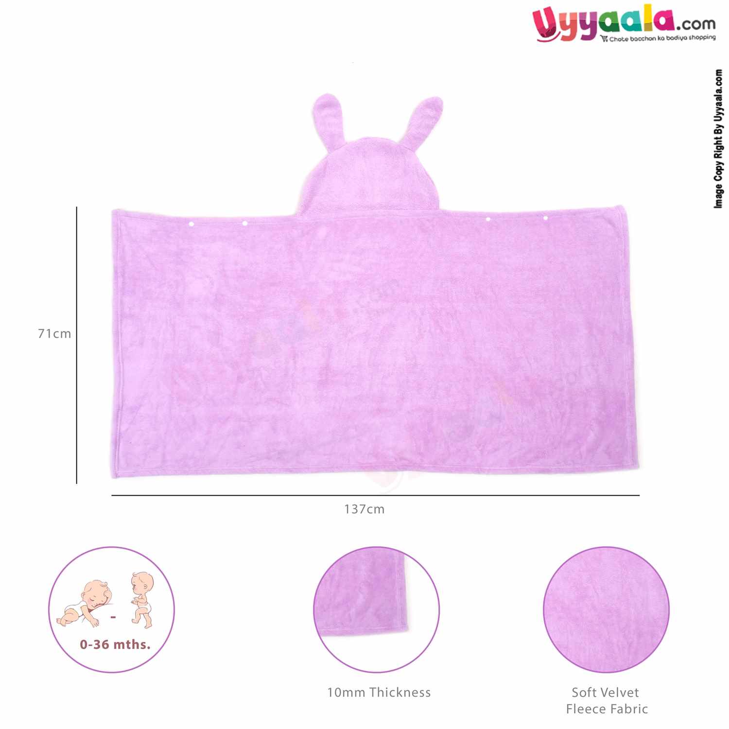 Hooded Fur Blanket with Cartoon Character for Babies, 0-36m - Purple