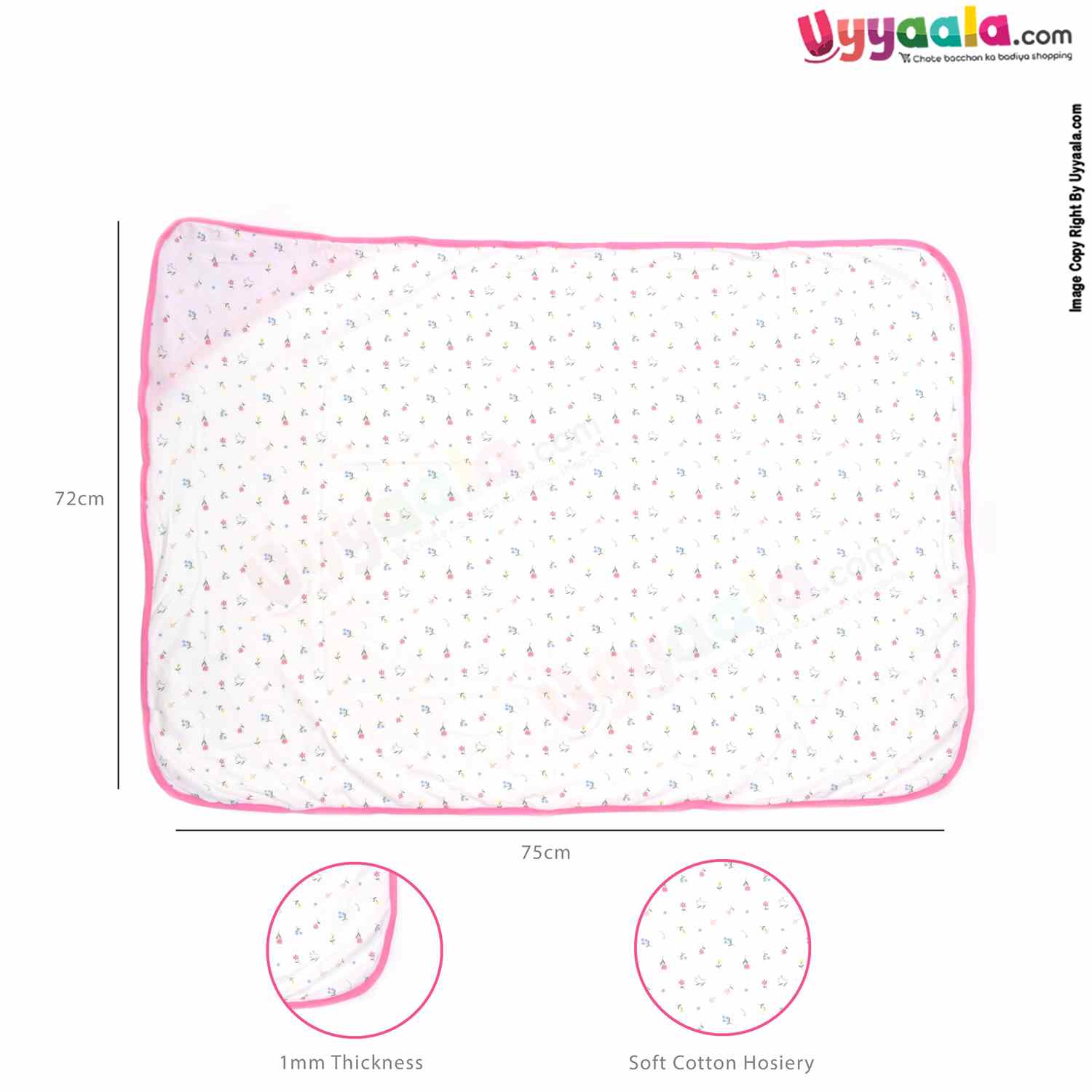 Cotton Hosiery Hooded Towel for Babies with Floral Print 1pc 0+m Age, Size (75*72Cm)- Pink & White