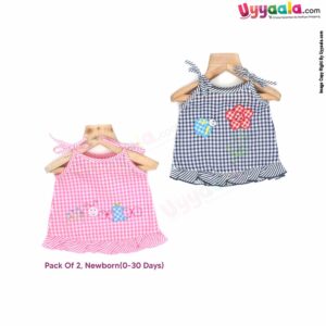 VOCAL BABY Sleeveless Newborn Baby Frock, Top Opening Tie Knot Lace Model, Premium Quality Cotton Baby Wear, Checks Print, Pink & Black - 2 Pack