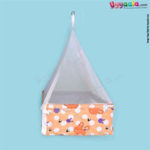 SNUG UP Baby Hanging cradle (Zola) Box Model with Steel Pipes & zipped Mosquito Net, Detachable Bed, premium quality, Orange With Rabbit Print, 0m+ upto 15kgs