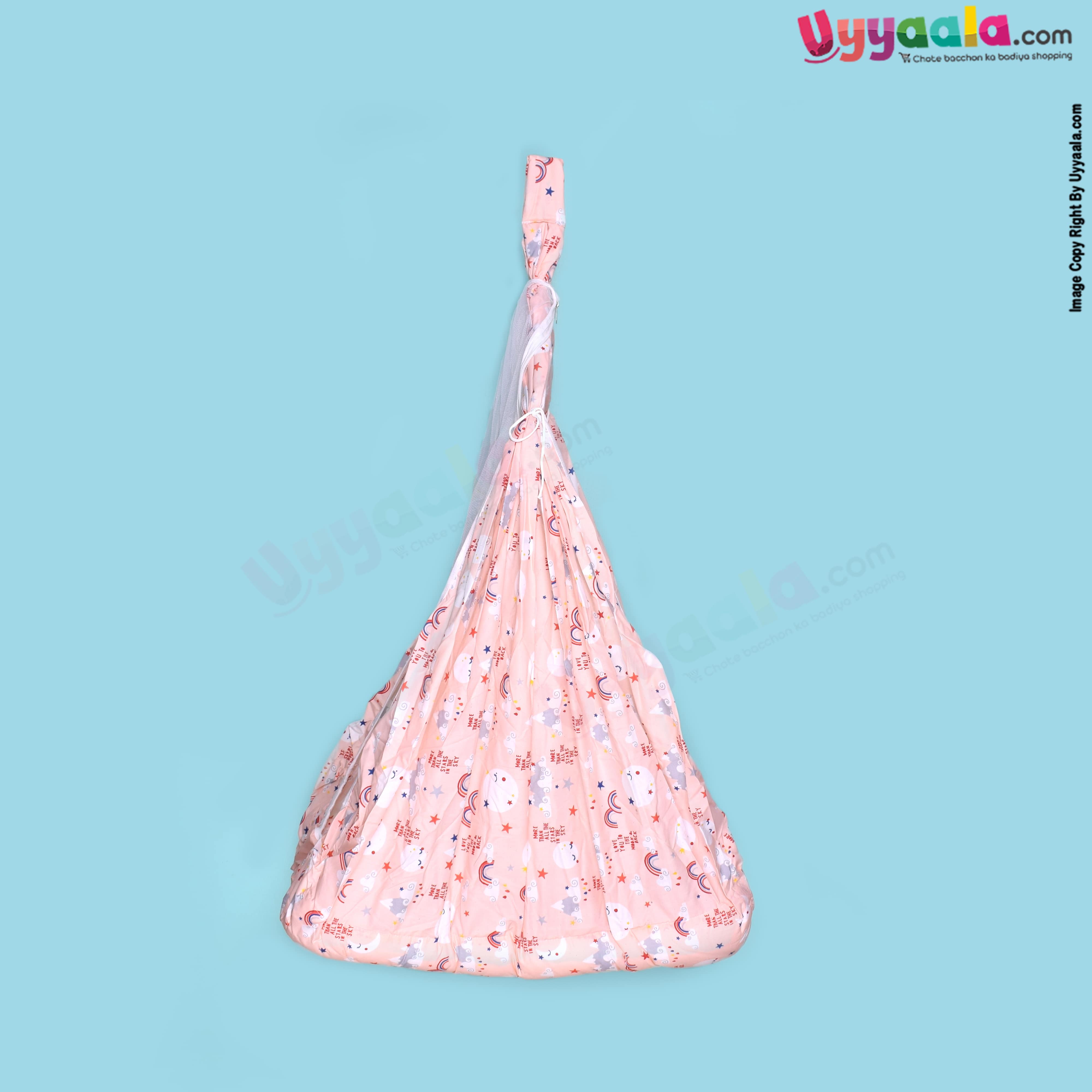 SNUG UP Baby Hanging cradle (Zola) Attached Bed With Mosquito Net Open Zip Model,Gray with Assorted Print, 0m+, (up to 12 kgs)