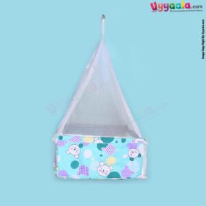 SNUG UP Baby Hanging cradle (Zola) Box Model with Steel Pipes & zipped Mosquito Net, Detachable Bed, premium quality, Green With Cat Print, 0m+ upto 15kgs
