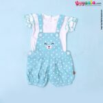 WOW, Branded Short Sleeves Dungaree Front open Button Model Soft Hosiery Cotton, Bear Patch Dotted Print - White & Light Green
