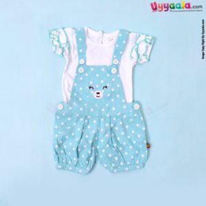 WOW, Branded Short Sleeves Dungaree Front open Button Model Soft Hosiery Cotton, Bear Patch Dotted Print - White & Light Green
