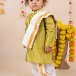 Buy Boys Pattu Silk Kurta, Pajama & Dhoti Set with Collar embroidery - Green Online in India at uyyaala.com