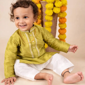 Buy Boys Pattu Silk Kurta, Pajama & Dhoti Set with Collar embroidery - Green Online in India at uyyaala.com