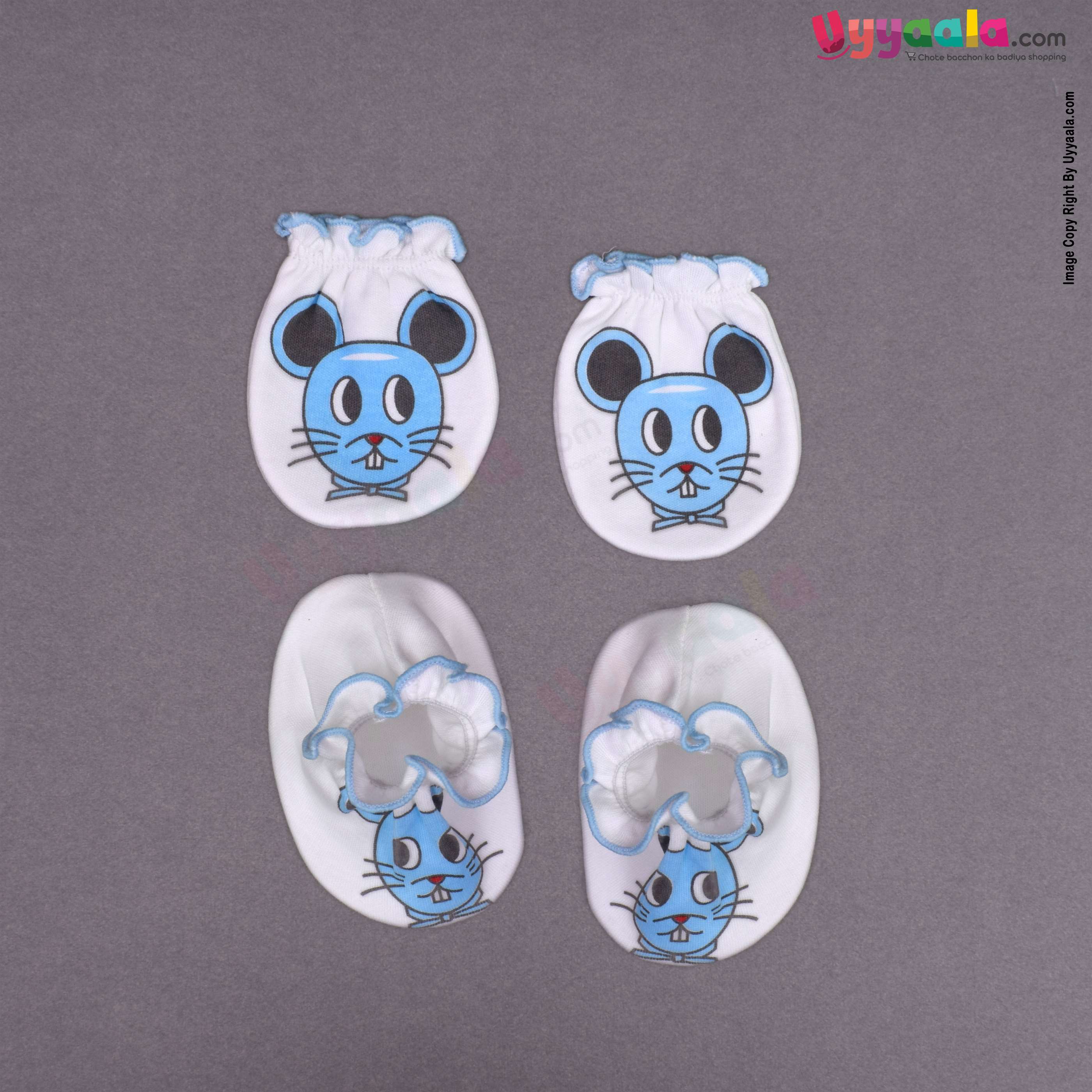 BEN BENNY Mitten & Booties Set Elastic Rabbit Print for New Born Babies - White