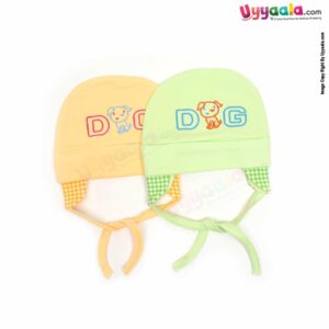 KOOCHIE KOO Fancy Round Cap Tying Model for Babies with Dog Print Pack 2, 0-12 m Age -Green & Yellow