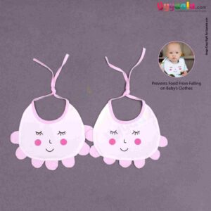 Baby Bib Soft Cotton Hosiery with Cute Sleeping Kitty Print Pack of 2, Size(17*23cm)-White & Pink