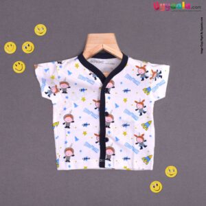 Doreme half sleeve hosiery cotton jablas - white with cartoon print