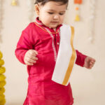 Buy Boys Pattu Silk Kurta, Pajama & Dhoti Set with Collar embroidery - Red Online in India at uyyaala.com