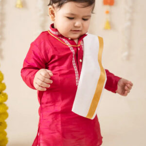 Buy Boys Pattu Silk Kurta, Pajama & Dhoti Set with Collar embroidery - Red Online in India at uyyaala.com
