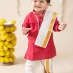 Buy Boys Pattu Silk Kurta, Pajama & Dhoti Set with Collar embroidery - Red Online in India at uyyaala.com