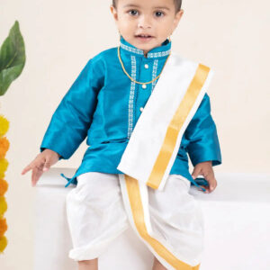 Buy Boys Pattu Silk Kurta, Pajama & Dhoti Set with Collar embroidery - Blue Online in India at uyyaala.com