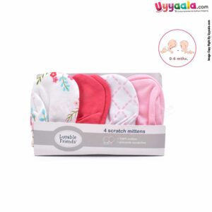 LUVABLE FRIENDS Hosiery Cotton Mittens 4p Set for Babies with Multi Print,0-6 Age - Multi Color