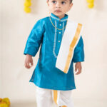 Buy Boys Pattu Silk Kurta, Pajama & Dhoti Set with Collar embroidery - Blue Online in India at uyyaala.com