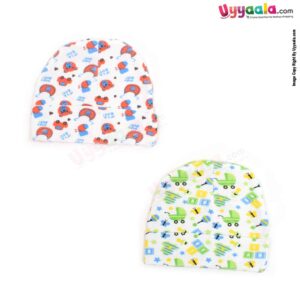 Fancy Round Cap for Babies with Stretchable Soft Hosiery Material with Print, pack of 2 0-6m Age- Multi Color
