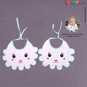 Baby Bib Soft Cotton Hosiery with Cute Kitty Print Pack of 2, Size(17*23cm)-White & Light Blue