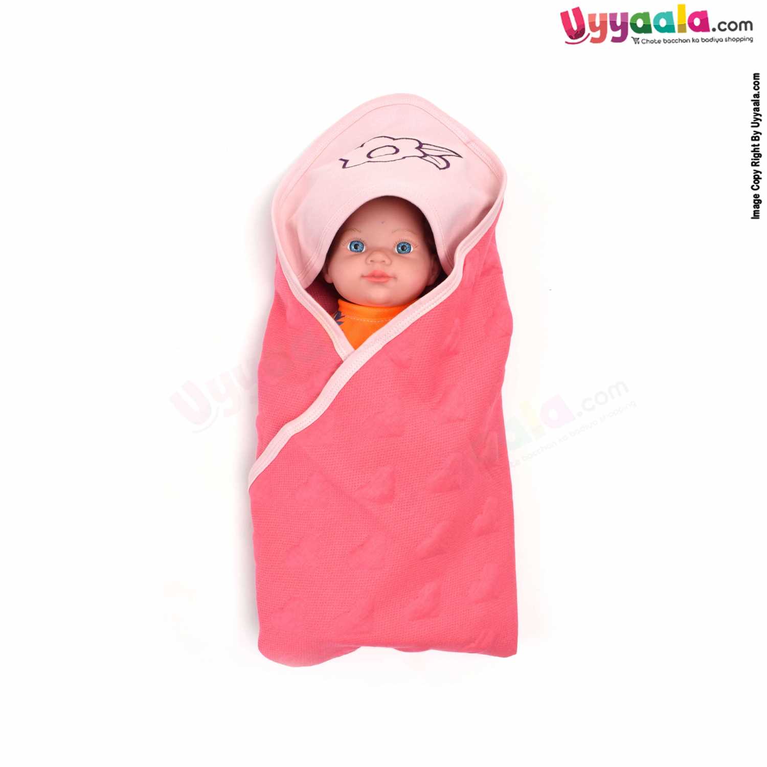 Babies hooded towel with love symbol print, Pink