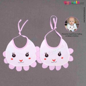 Baby Bib Soft Cotton Hosiery with Cute Kitty Print Pack of 2, Size(17*23cm)-White & Pink