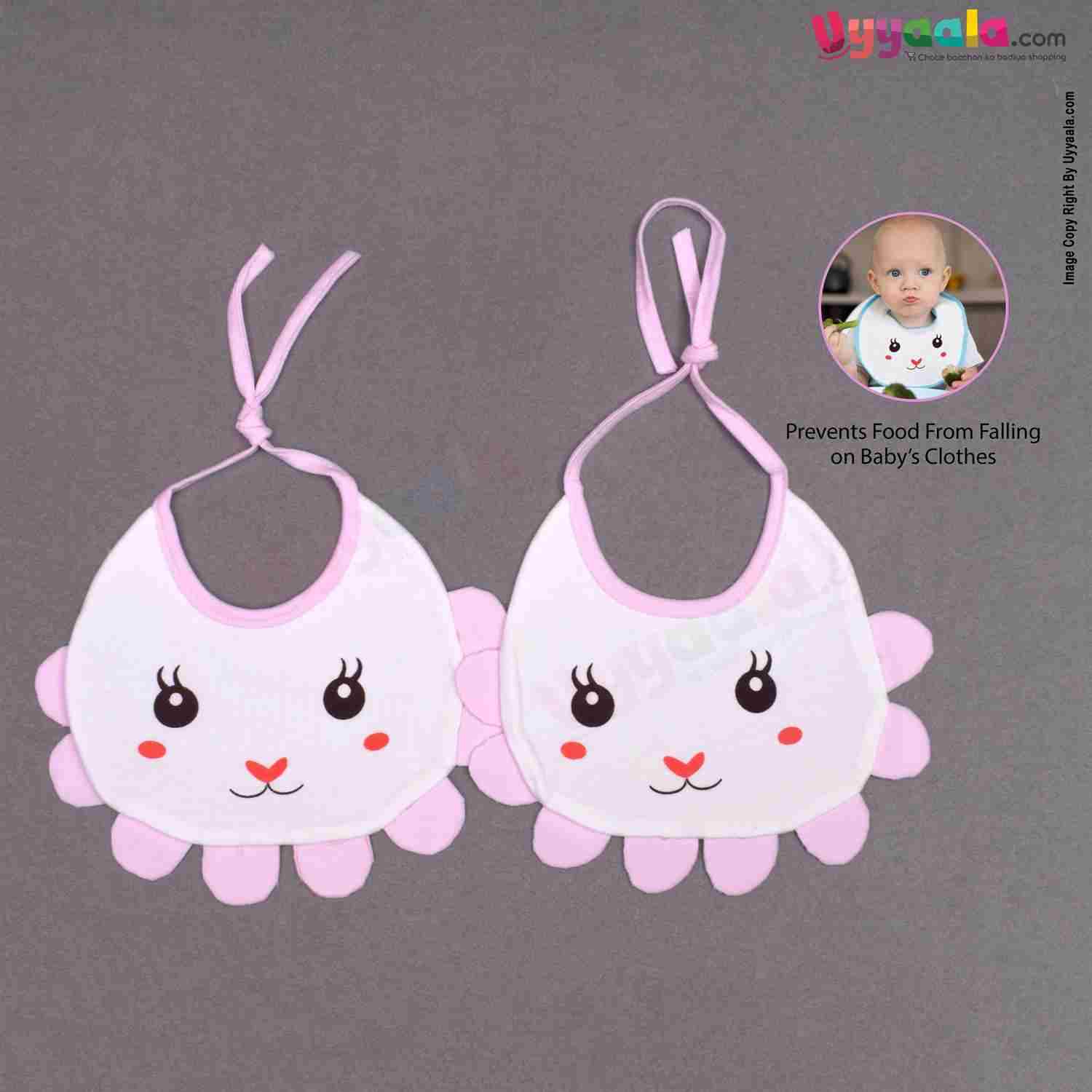 Baby Bib Soft Cotton Hosiery with Cute Kitty Print Pack of 2, Size(17*23cm)-White & Pink